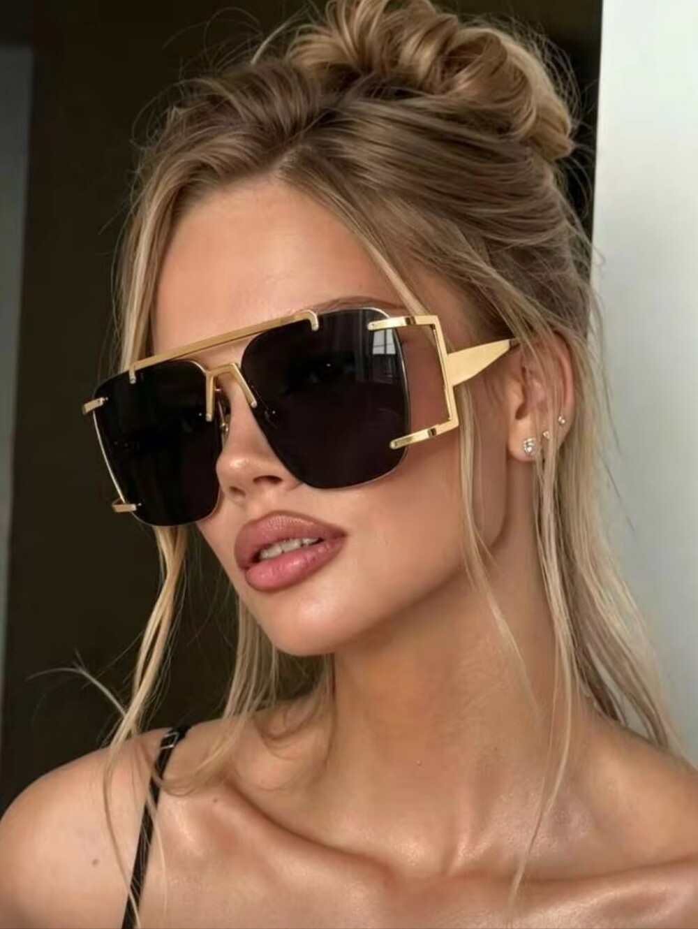 Luxury Black and Gold Oversized Shield Sunglasses